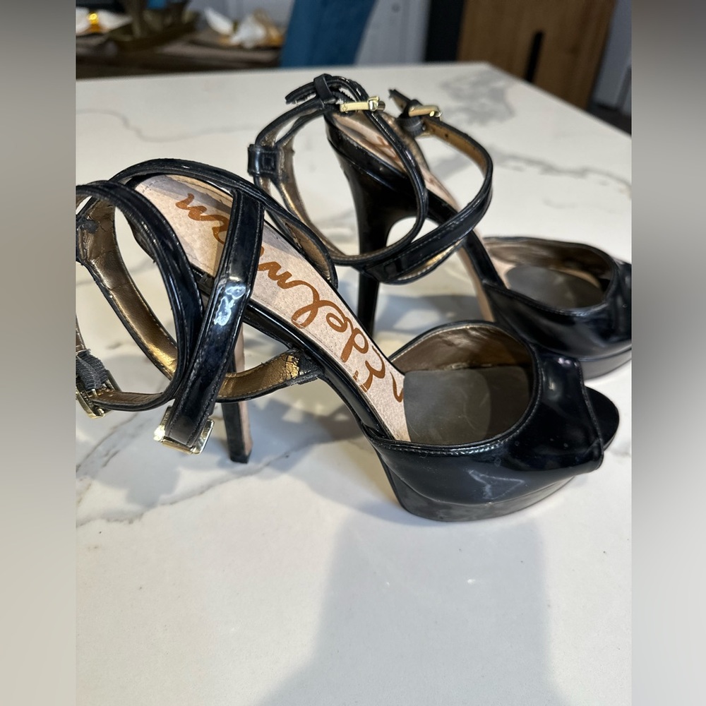Sam Edelman Open Toed, Lifted High Heel, Black Patten Size 7